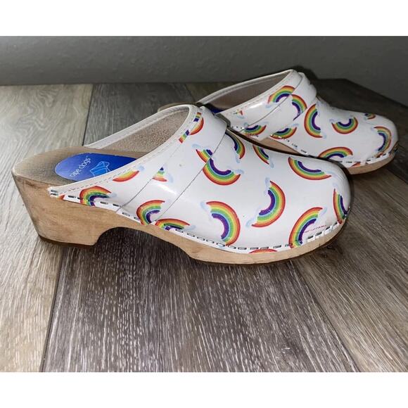 Swedish Wooden Cape Clogs Slip On Mule White Leather Rainbow Women’s US Size 6 - Picture 1 of 8